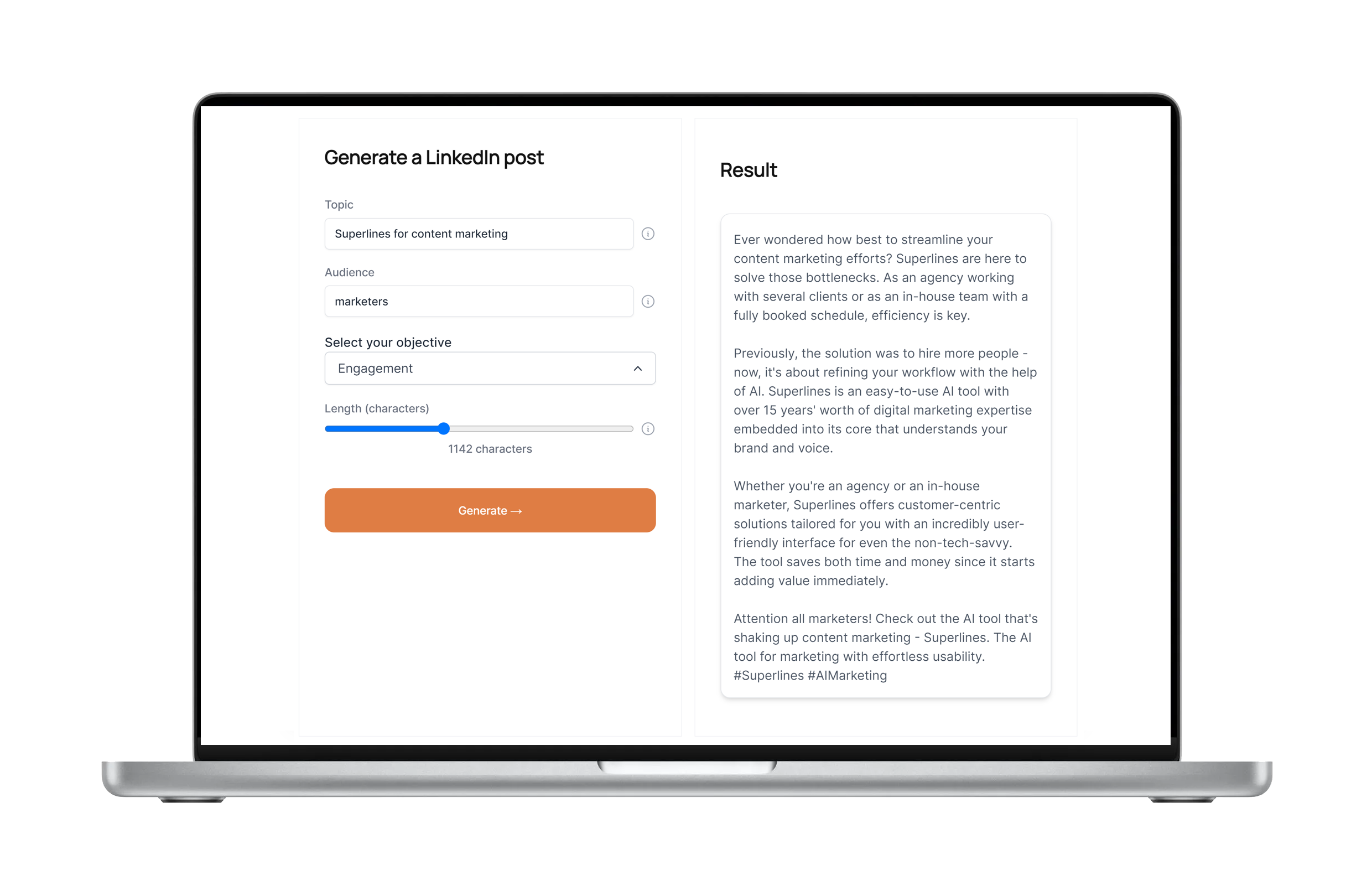 Sueprlines LinkedIn post creator